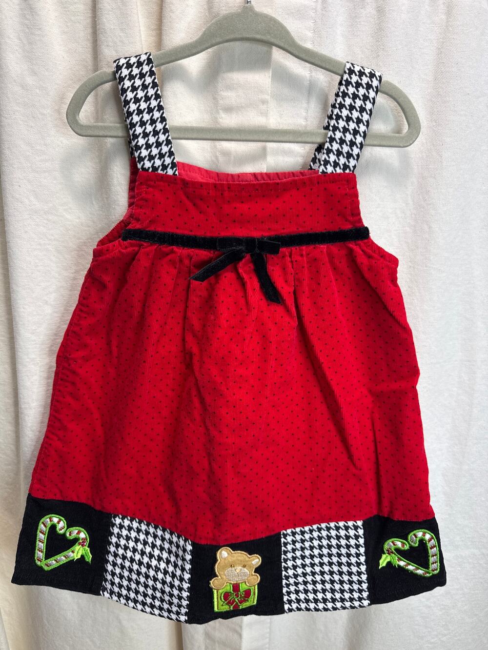 Red Corduroy Jumper Dress Black & White Hound's-tooth Trim & Teddy Bear 24 Month